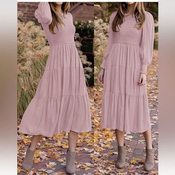 chinese dress ladies Long Sleeve Gauze Tiered Midi Dress main image 0